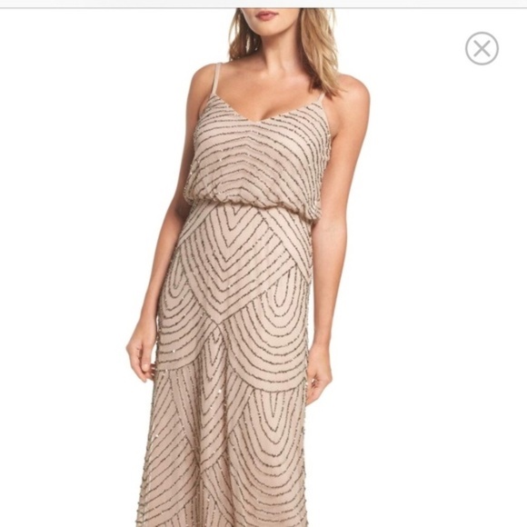 Adrianna Papell Women's Long Beaded Art Deco Blouson Gown Taupe/Pink Size 4 - Picture 2 of 16
